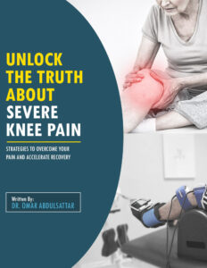 The cover page of a e-book called "Unlock The Truth About Severe Knee Pain: Strategies To OverCome Your Pain And Accelerate Recovery" written by Dr. Omar from Runway Health.