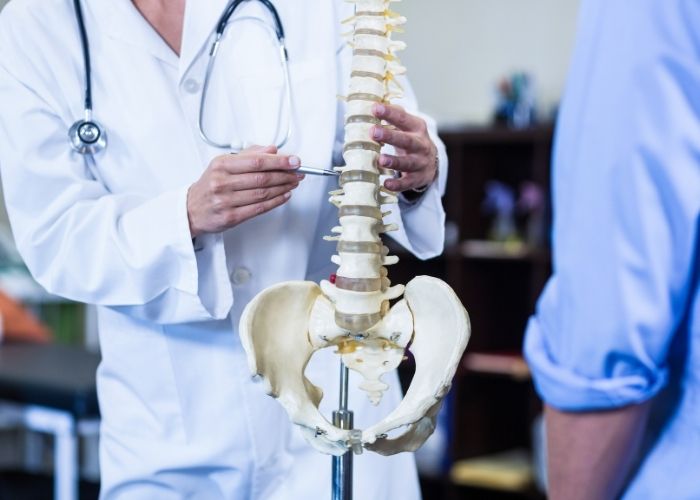 A physiotherapist using a model of a spine and pointing to the disc of a spine trying to explain to a patient who is standing why they are exhibiting pain. Education is an important aspect of the healing process.