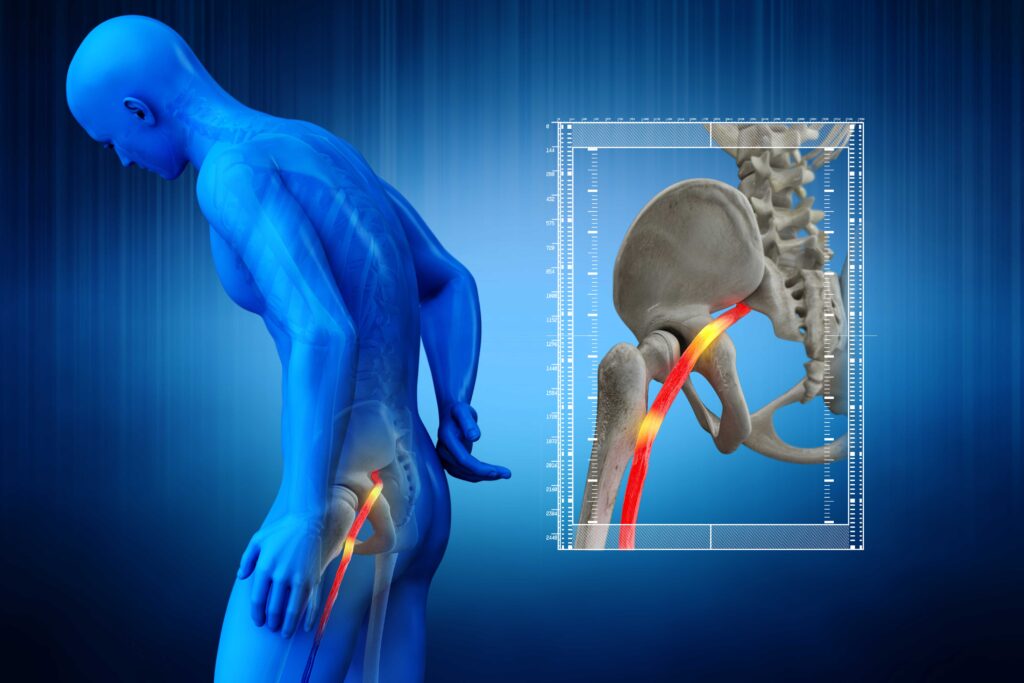 Diagram of human illustrating the causes of sciatic nerve pain with a closeup of the sciatic nerve position related to the human skeleton